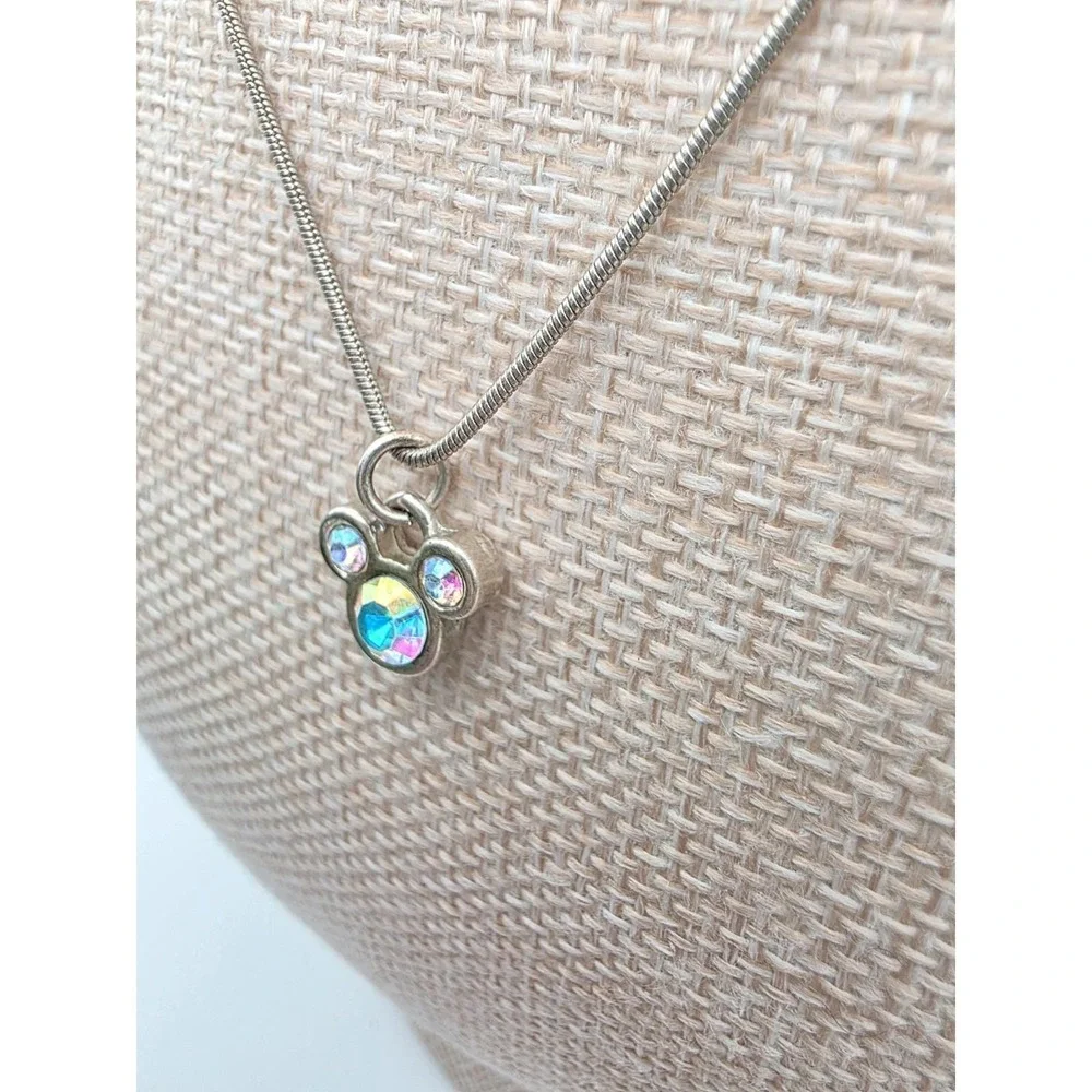 Vtg DISNEY Micki Mouse‎ Necklace SWAROVSKI Crystal Silver Plate Snake Chain 16